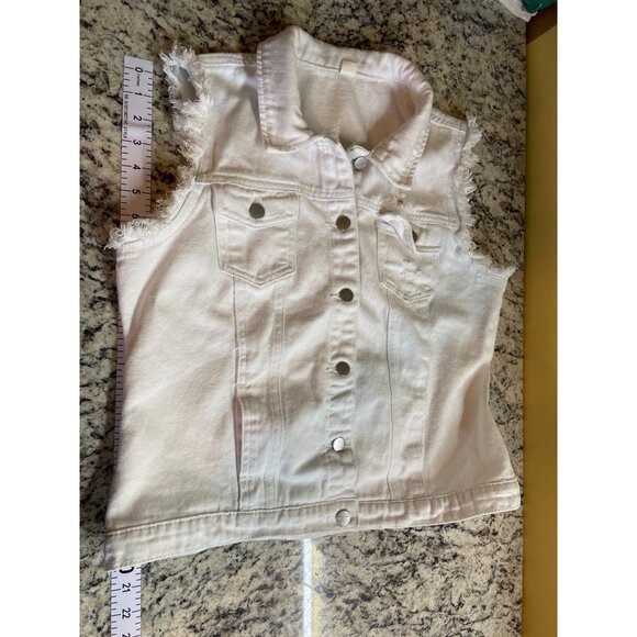 Ebossy Denim Vest Jacket White L Distressed Sleeveless Frayed Snap Buttons Y2K - Picture 5 of 7